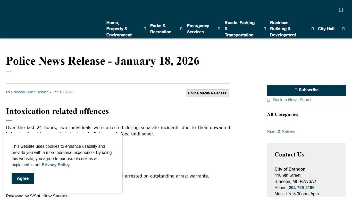 Police News Release - January 18, 2026 | City of Brandon